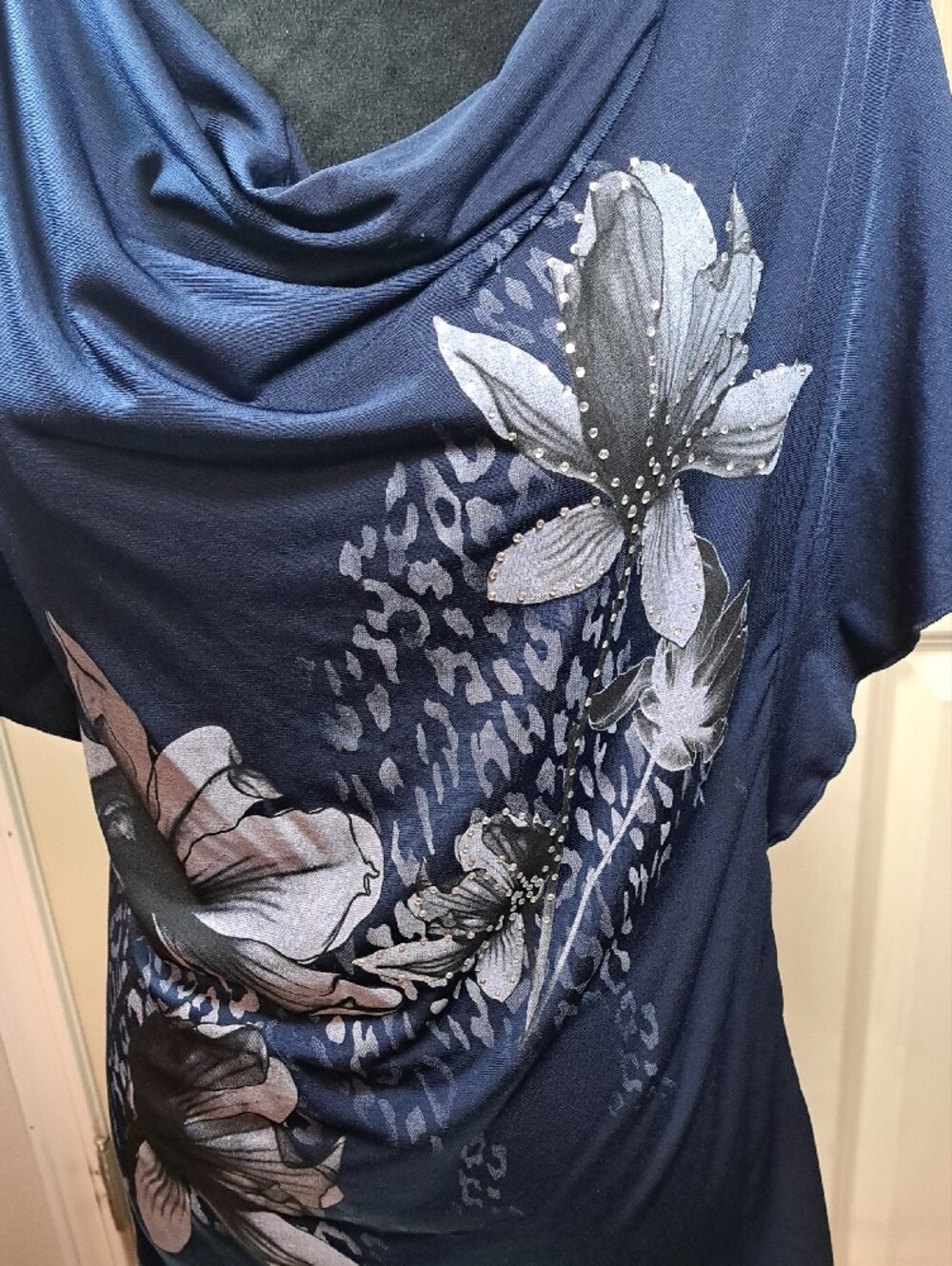 dressbarn Navy Floral Drape-Front Blouse - Picture 2 of 9